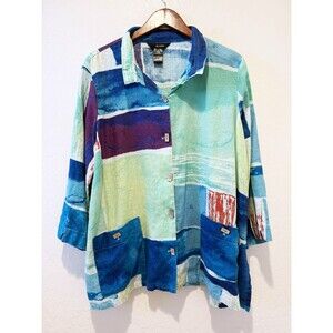 Ali Miles 100% Linen Jacket XL Women's Colorblock Artsy Buttons Pockets Flax